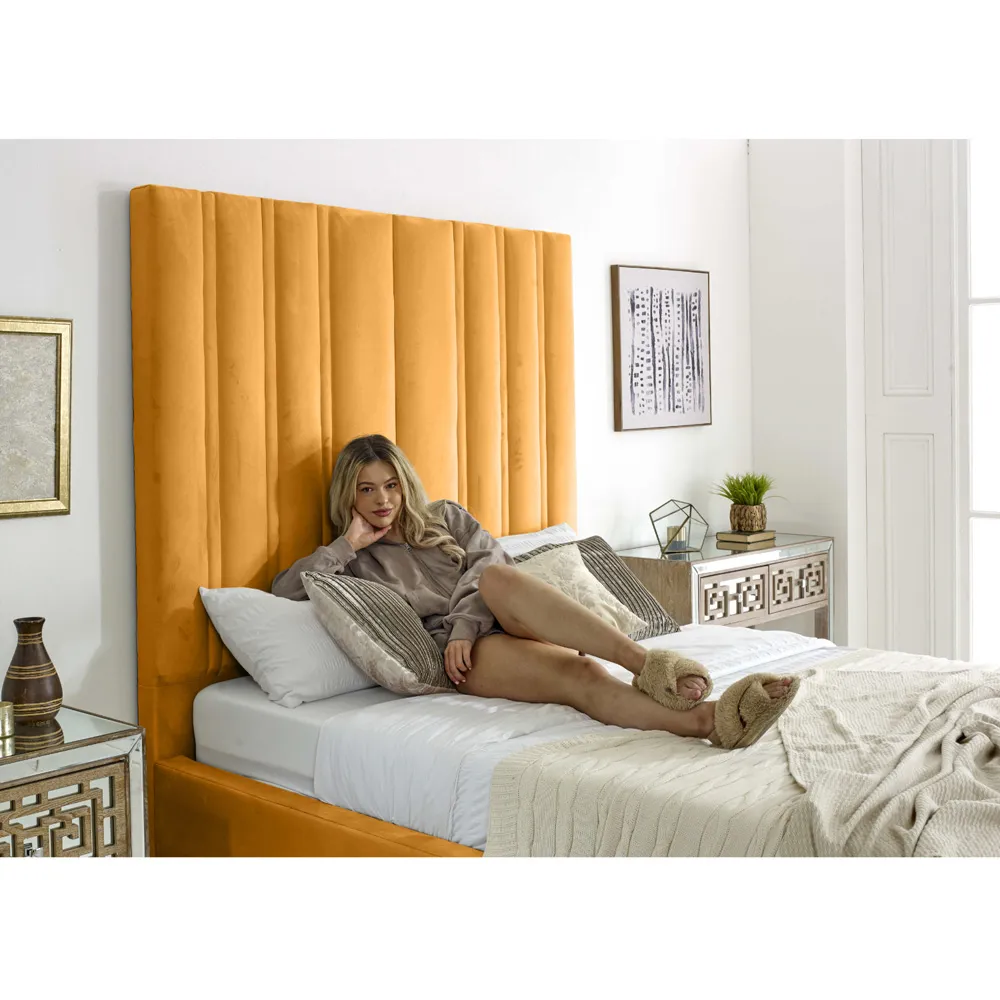 Wilburn Small Double Bed Frame with Headboard - Yellow, Velvet