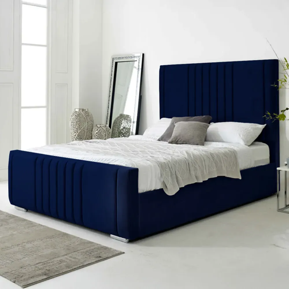 Willard King Size Bed Frame with Headboard - Blue, Velvet