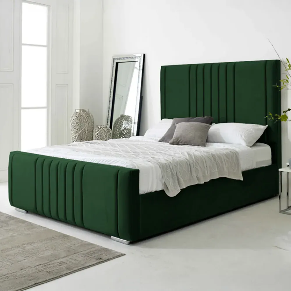 Willard King Size Bed Frame with Headboard - Green, Velvet