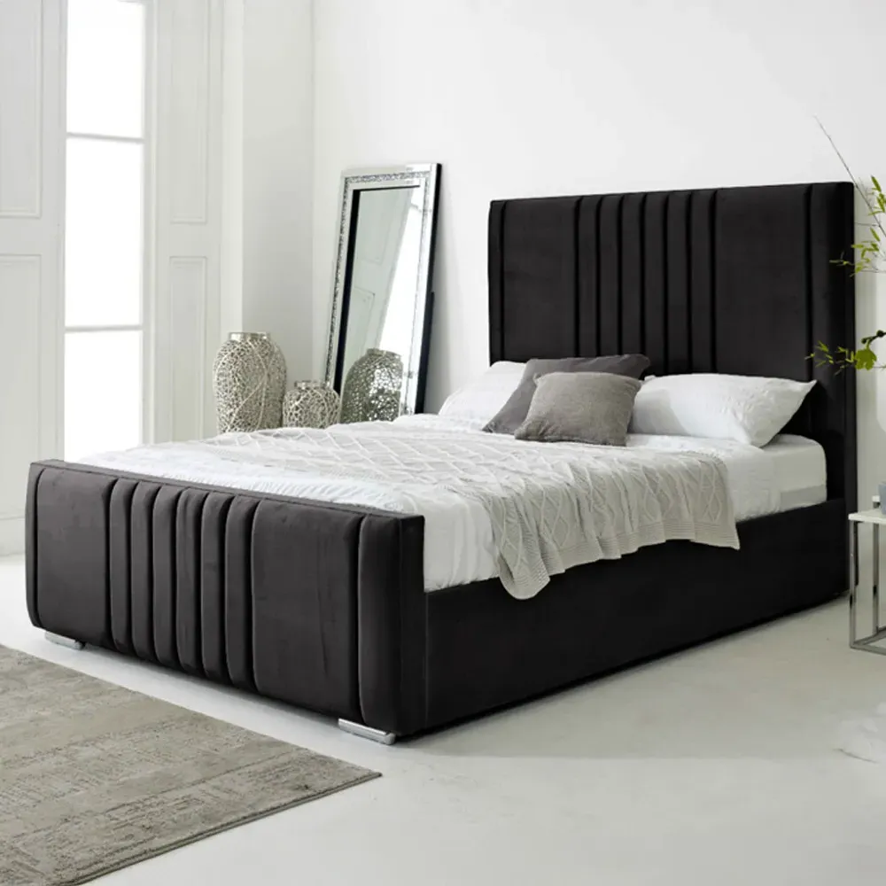 Willard Single Bed Frame with Headboard - Black, Velvet image