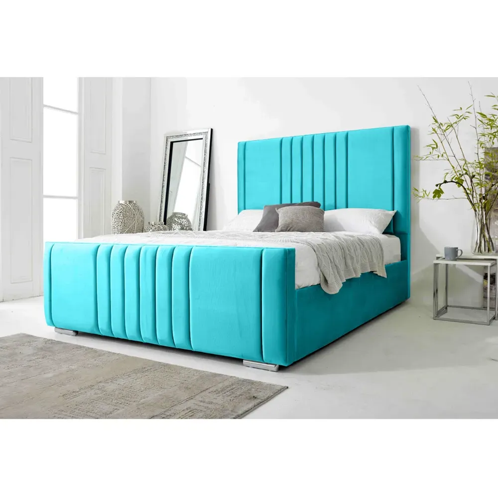 Willard Single Bed Frame with Headboard - Blue, Velvet