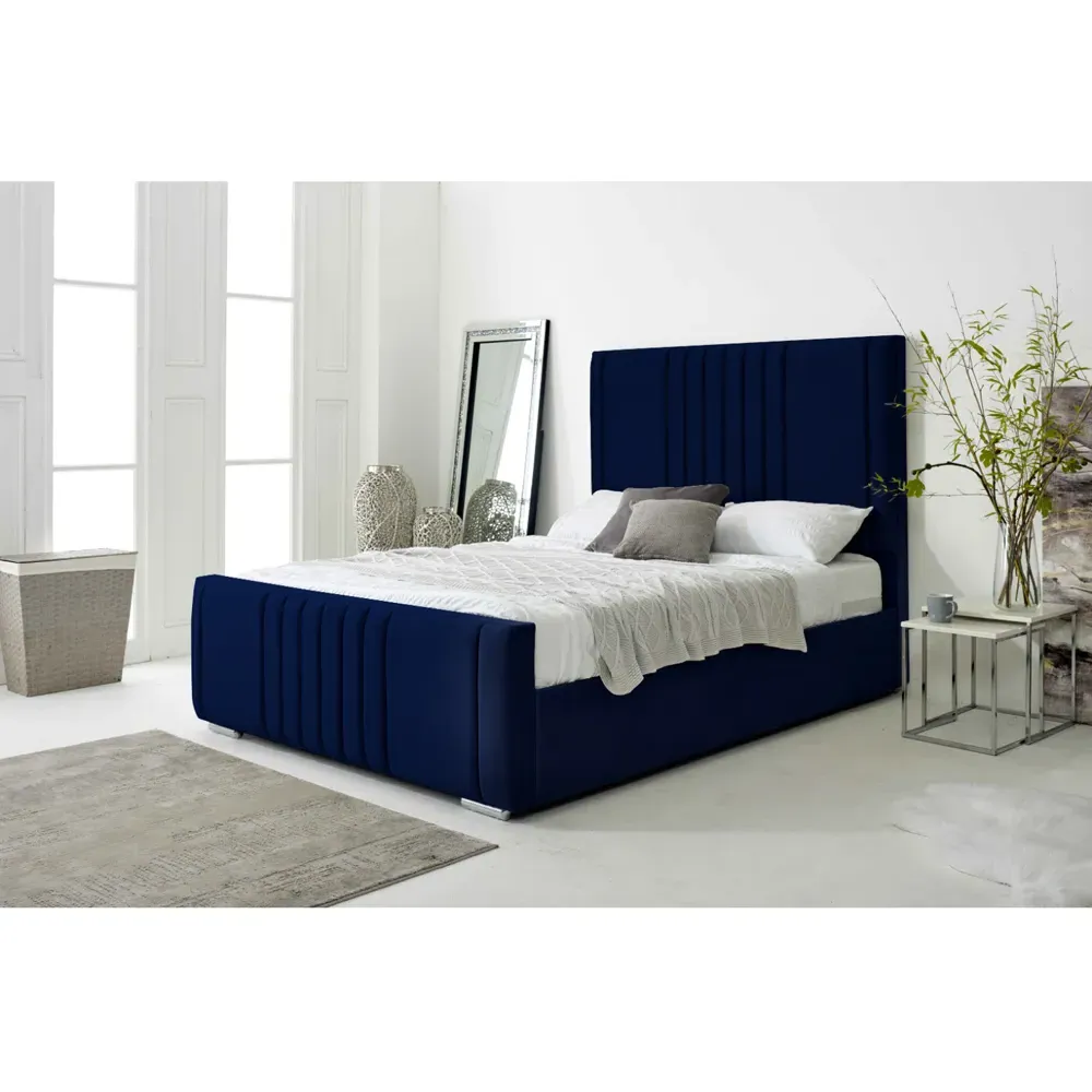 Willard Single Bed Frame with Headboard - Blue, Velvet