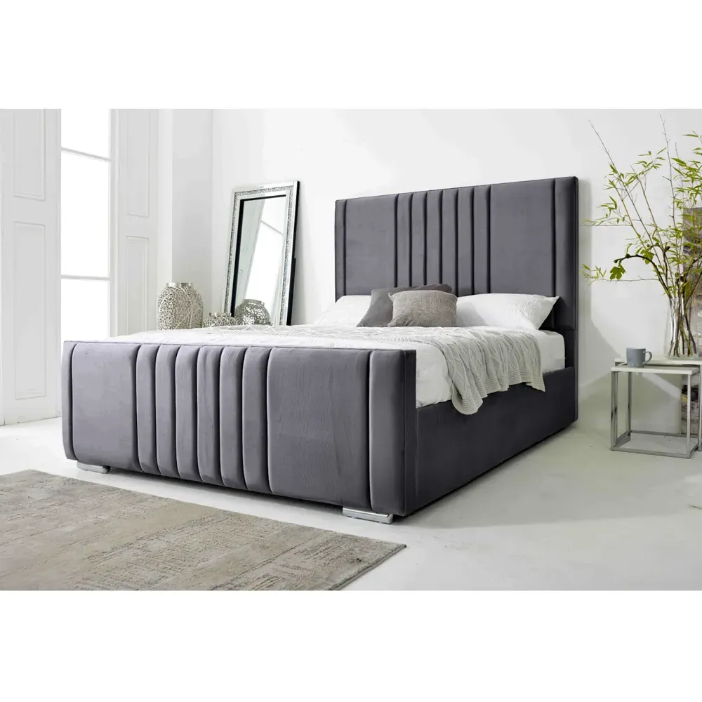 Willard Single Bed Frame with Headboard - Grey, Velvet