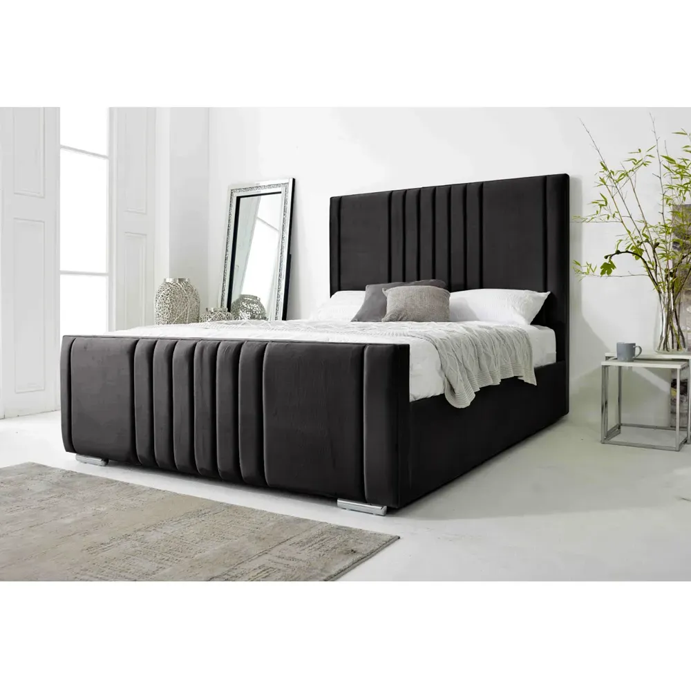 Willard Small Double Bed Frame with Headboard - Black, Velvet
