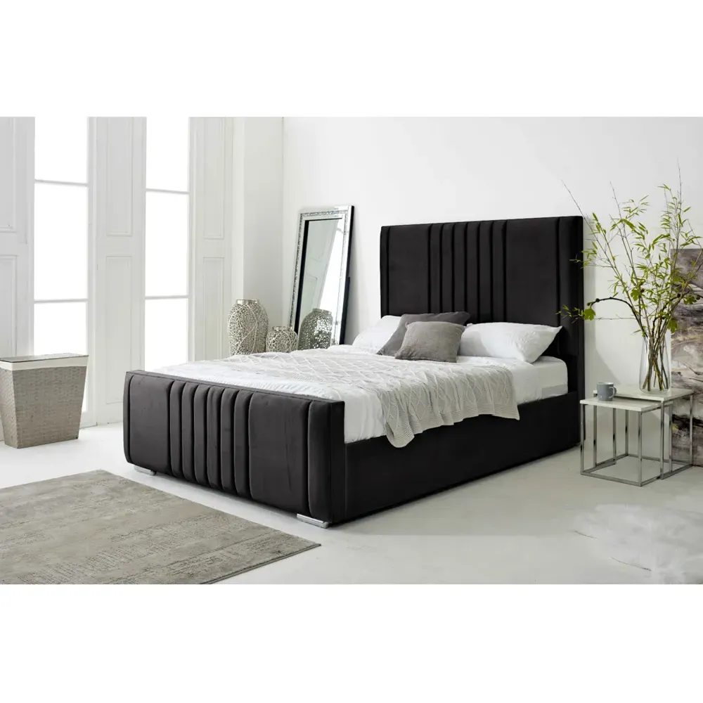 Willard Small Double Bed Frame with Headboard - Black, Velvet