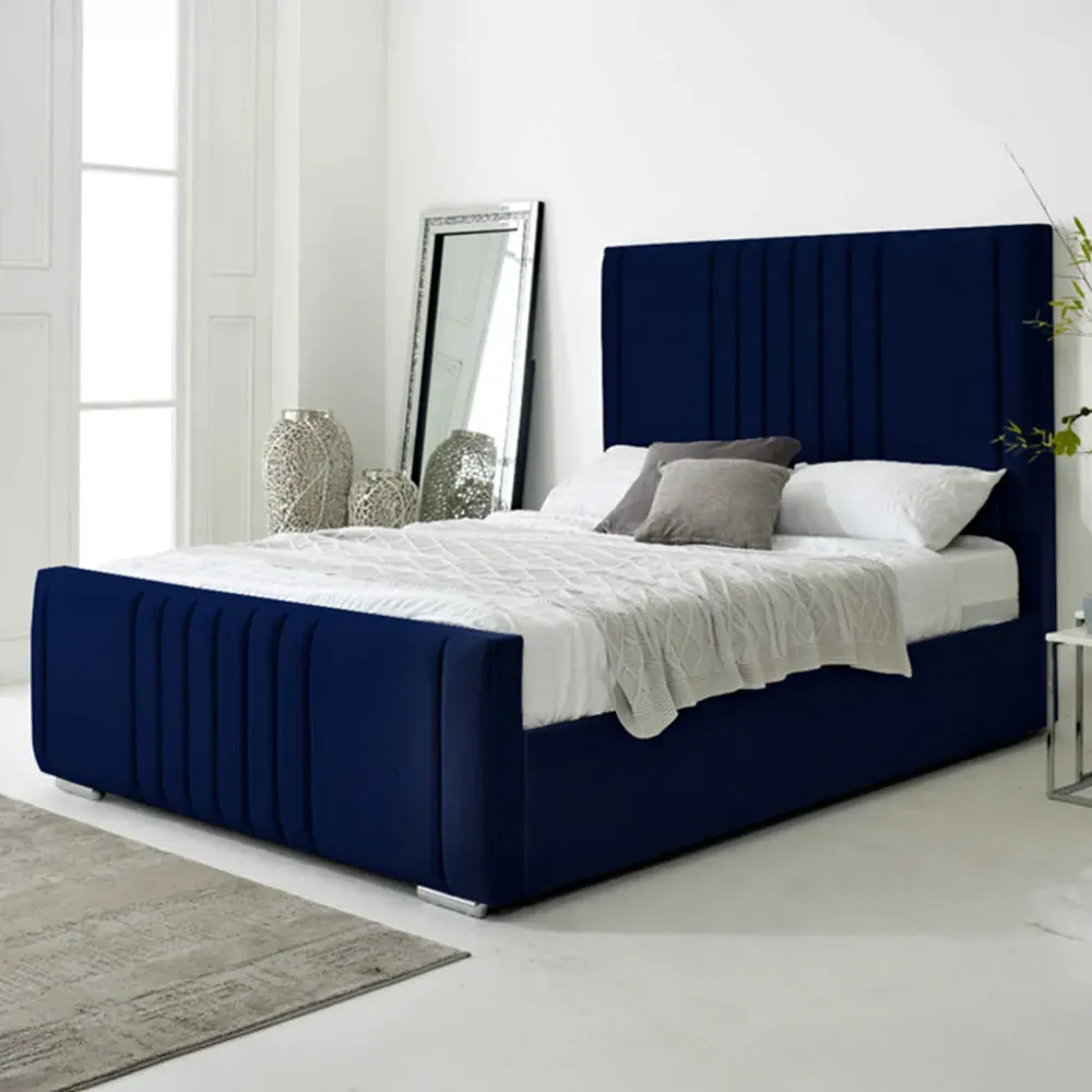 Willard Small Double Bed Frame with Headboard - Blue, Velvet