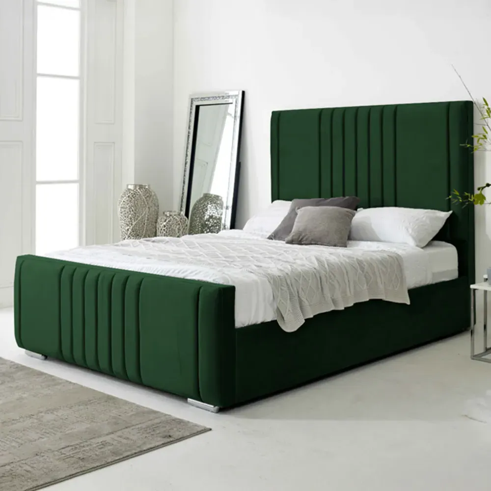 Willard Small Double Bed Frame with Headboard - Green, Velvet