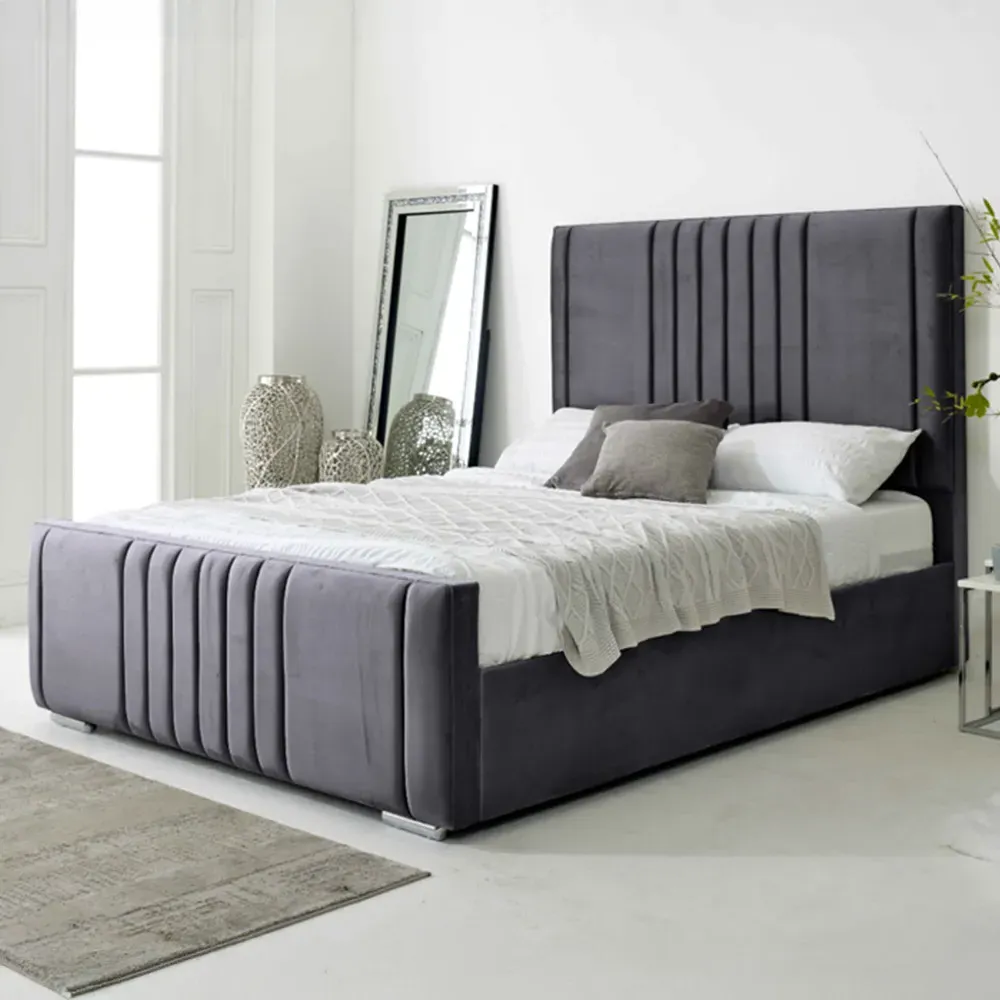 Willard Small Double Bed Frame with Headboard - Grey, Velvet image