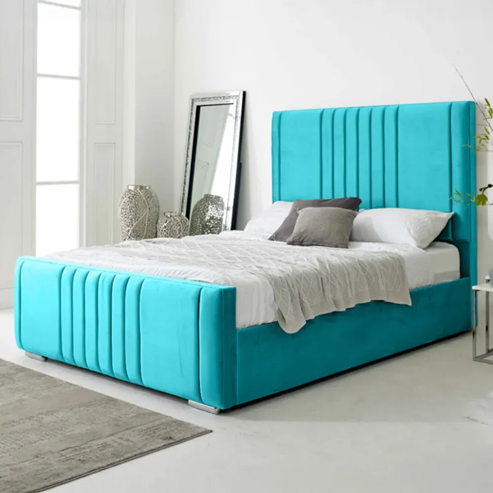 Willard Small Double Bed Frame with Headboard - Teal, Velvet