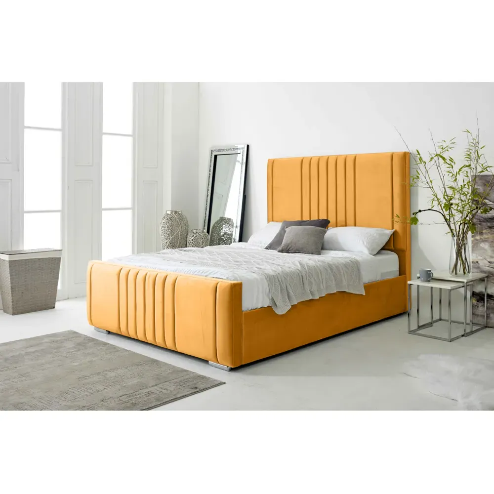 Willard Small Double Bed Frame with Headboard - Yellow, Velvet