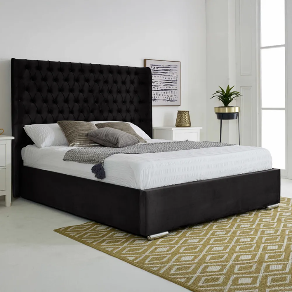Woodlake Double Bed Frame with Chesterfield Headboard - Black, Velvet