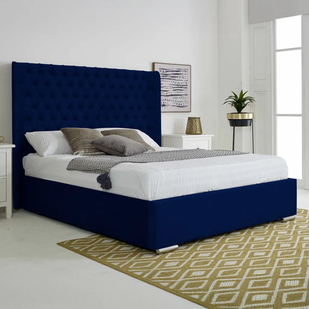 Woodlake Double Bed Frame with Chesterfield Headboard - Blue, Velvet