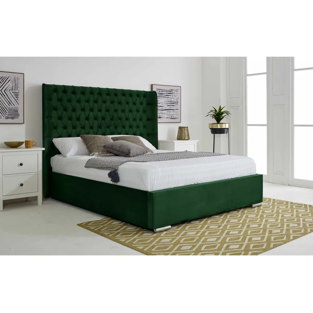 Woodlake Double Bed Frame with Chesterfield Headboard - Green, Velvet