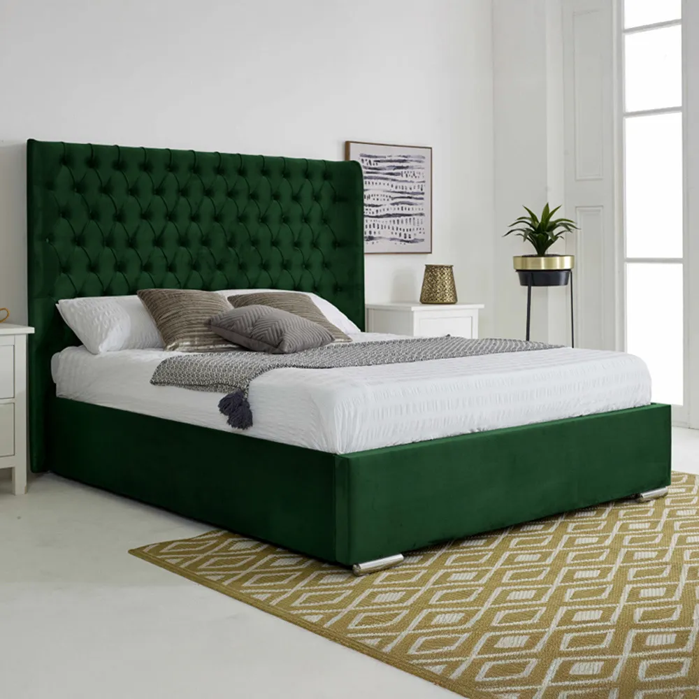 Woodlake Double Bed Frame with Chesterfield Headboard - Green, Velvet