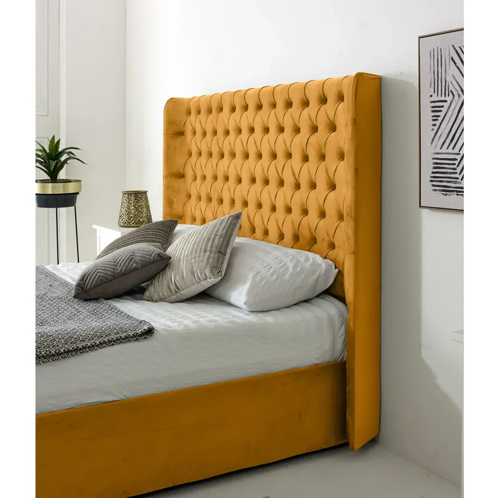 Woodlake Double Bed Frame with Chesterfield Headboard - Mustard, Velvet