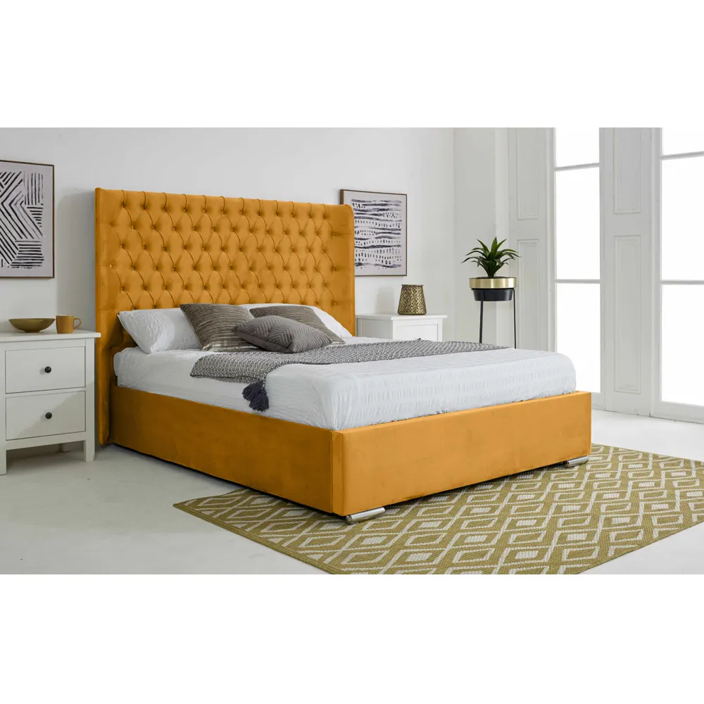Woodlake Double Bed Frame with Chesterfield Headboard - Mustard, Velvet