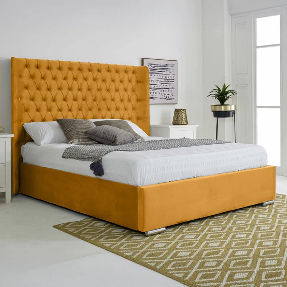 Woodlake Double Bed Frame with Chesterfield Headboard - Mustard, Velvet