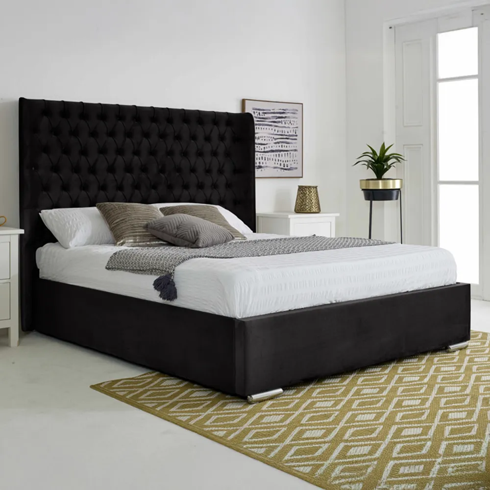 Woodlake King Size Bed Frame with Chesterfield Headboard - Black, Velvet