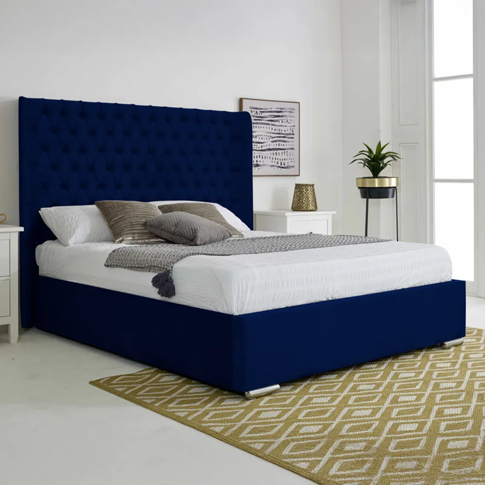 Woodlake King Size Bed Frame with Chesterfield Headboard - Blue, Velvet