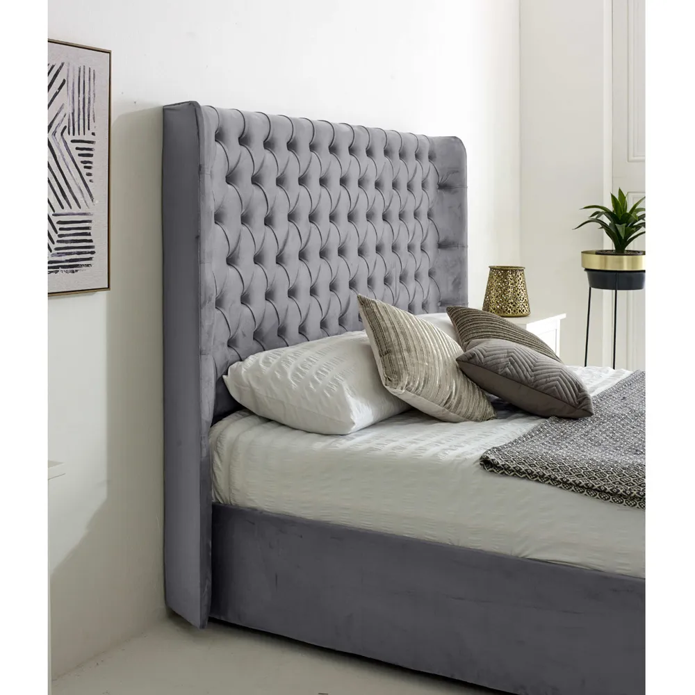 Woodlake King Size Bed Frame with Chesterfield Headboard - Grey, Velvet