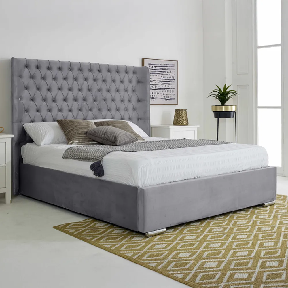 Woodlake King Size Bed Frame with Chesterfield Headboard - Grey, Velvet