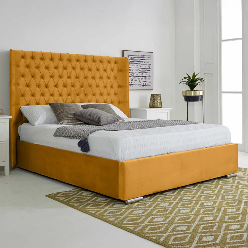Woodlake King Size Bed Frame with Chesterfield Headboard - Yellow, Velvet