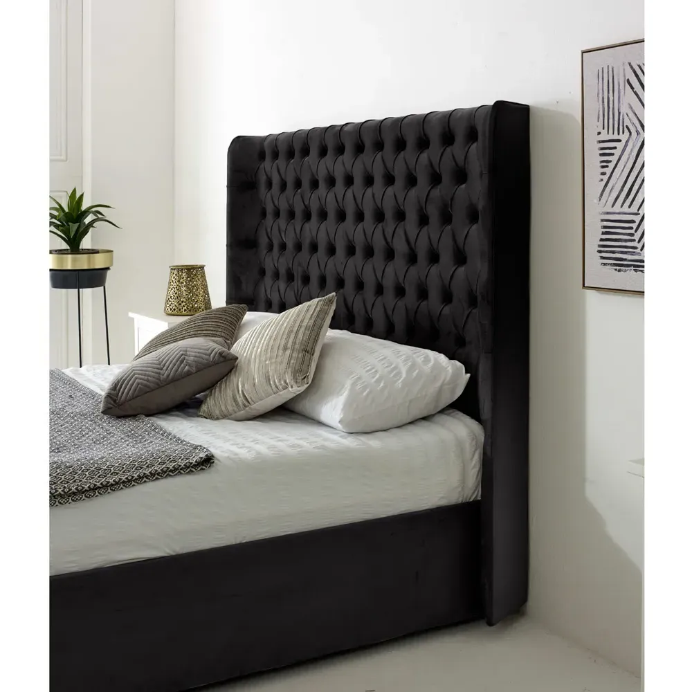 Woodlake Single Bed Frame with Chesterfield Headboard - Black, Velvet