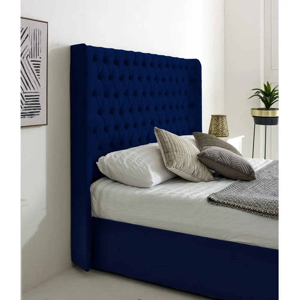 Woodlake Single Bed Frame with Chesterfield Headboard - Blue, Velvet