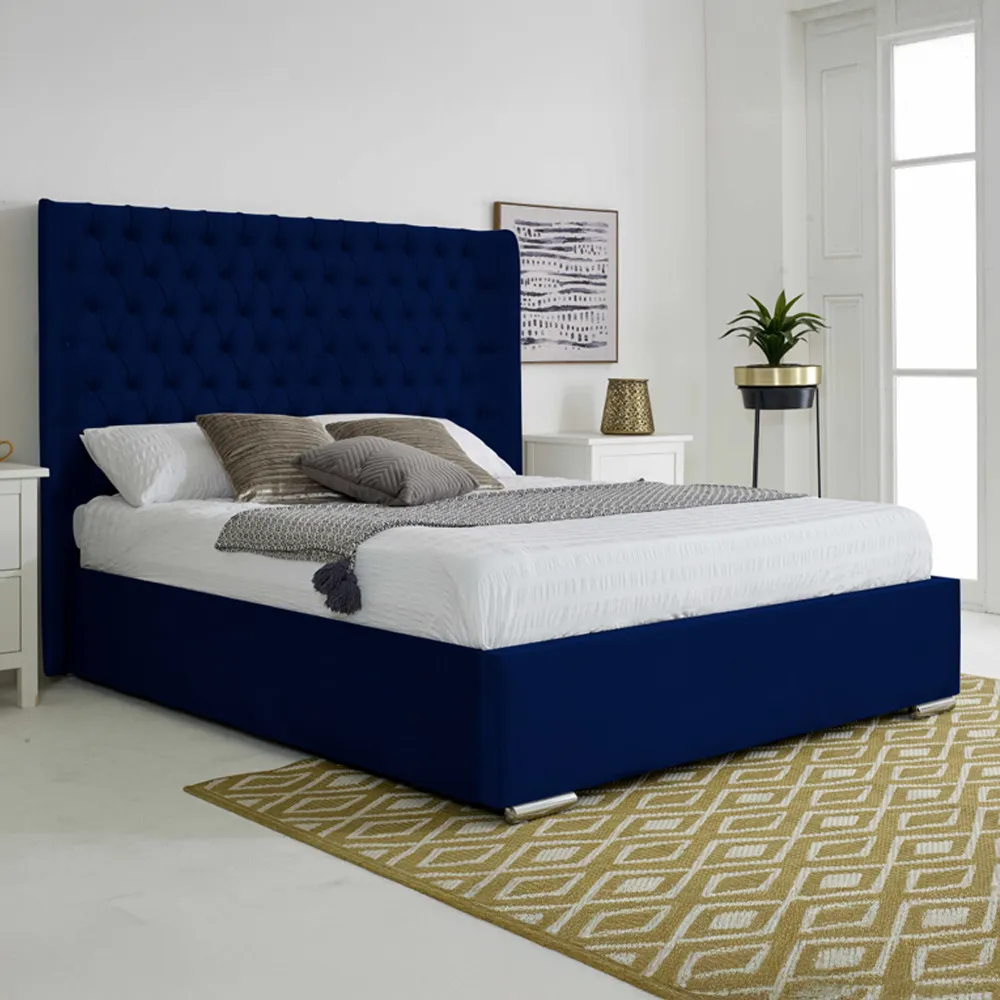 Woodlake Single Bed Frame with Chesterfield Headboard - Blue, Velvet