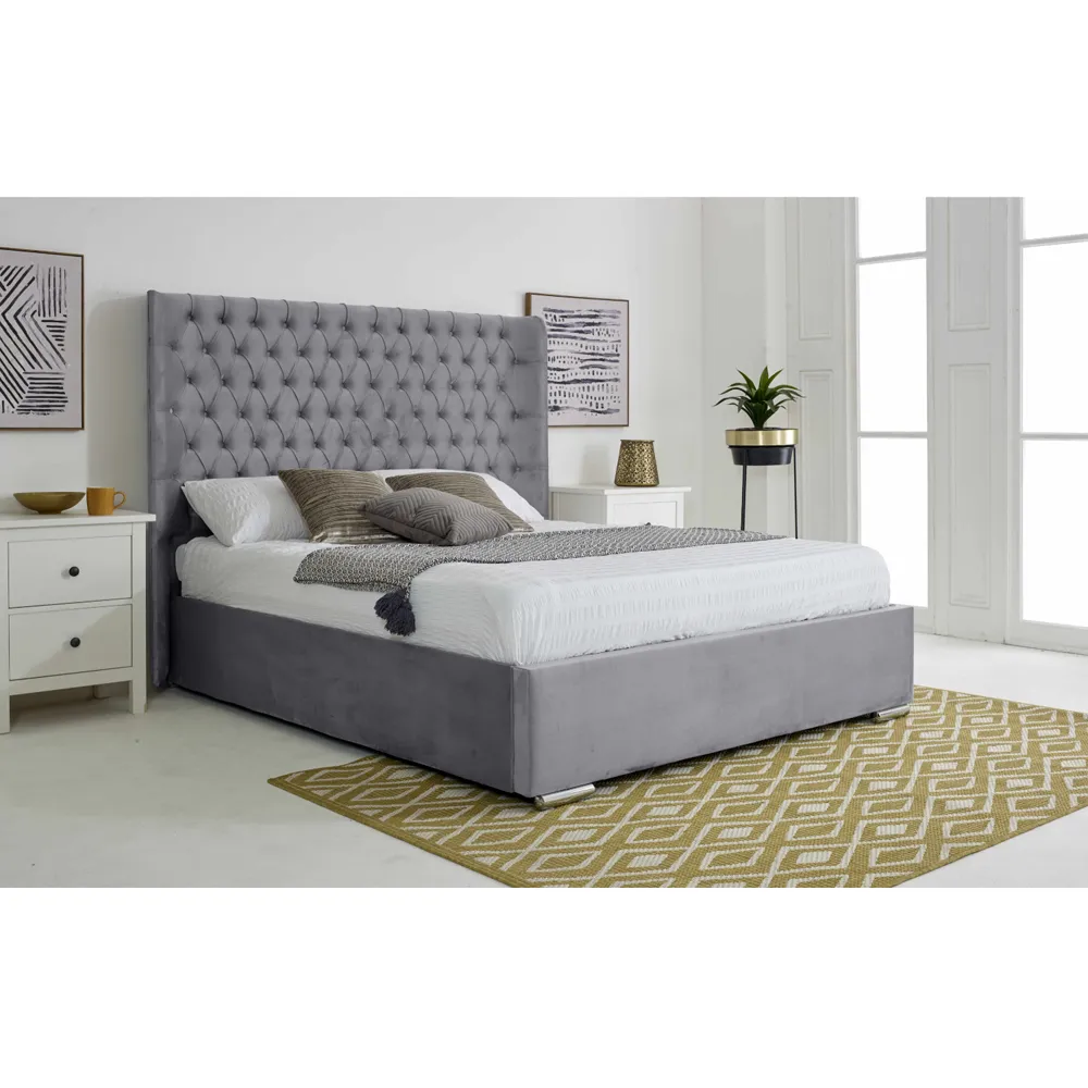Woodlake Single Bed Frame with Chesterfield Headboard - Grey, Velvet
