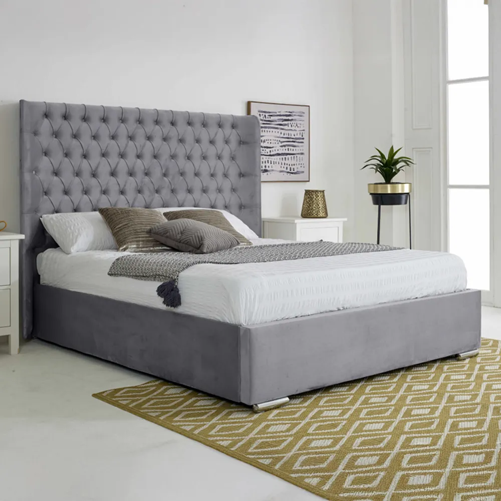 Woodlake Single Bed Frame with Chesterfield Headboard - Grey, Velvet