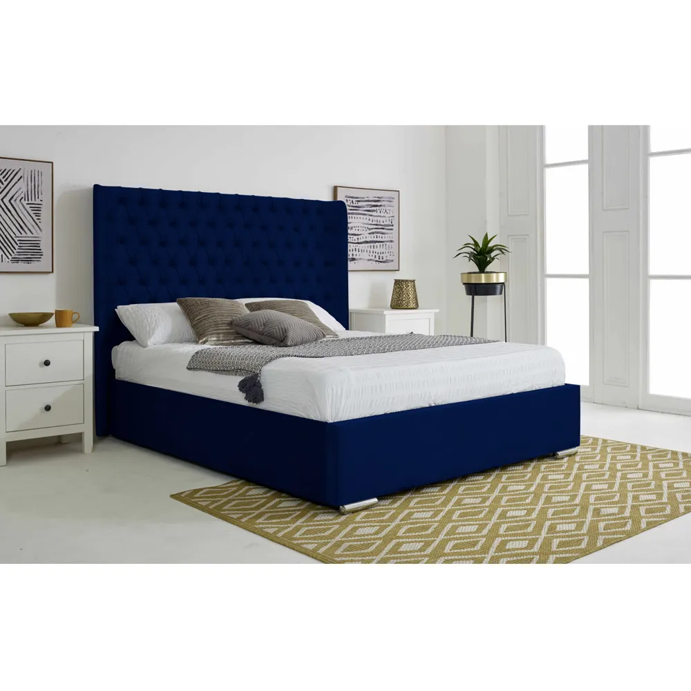 Woodlake Small Double Bed Frame with Chesterfield Headboard - Blue, Velvet