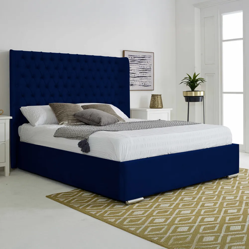 Woodlake Small Double Bed Frame with Chesterfield Headboard - Blue, Velvet