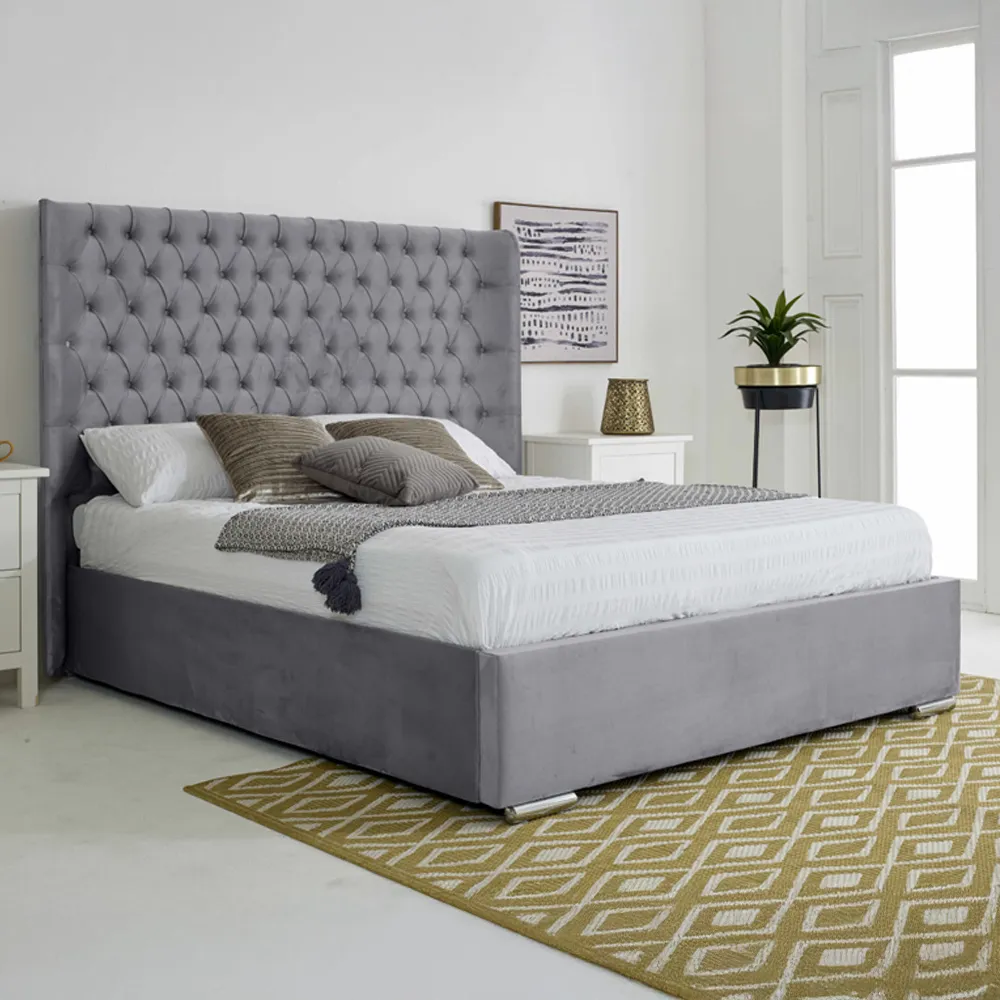 Woodlake Small Double Bed Frame with Chesterfield Headboard - Grey, Velvet