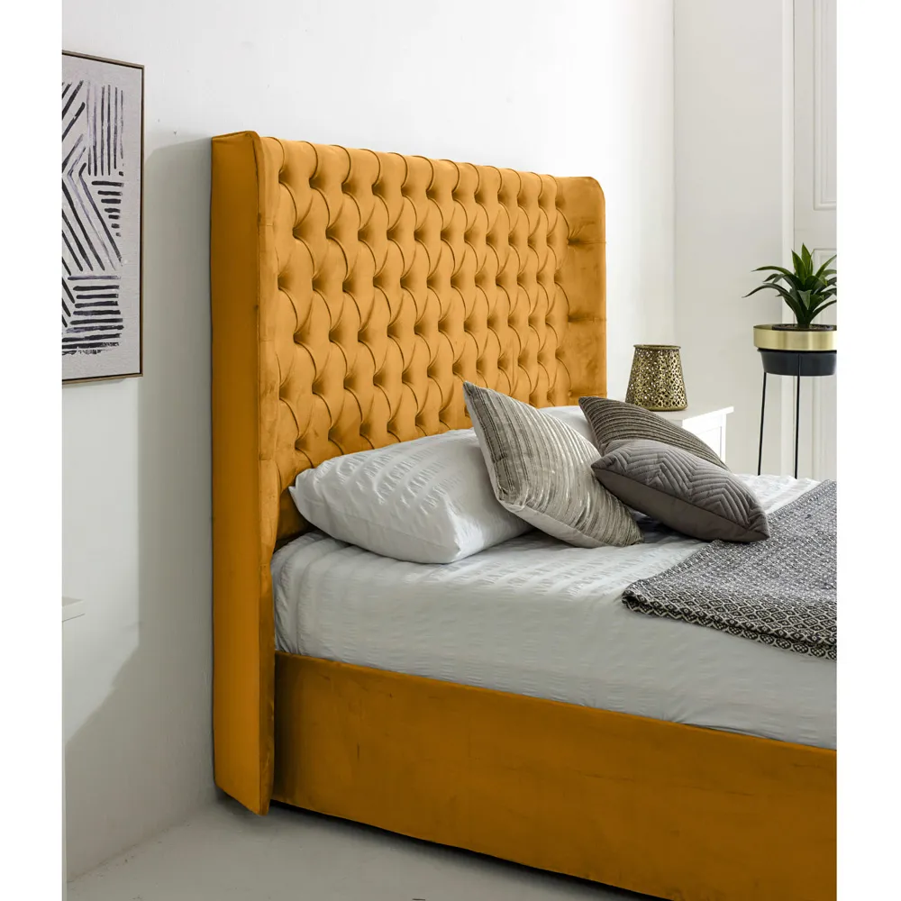 Woodlake Small Double Bed Frame with Chesterfield Headboard - Mustard, Velvet