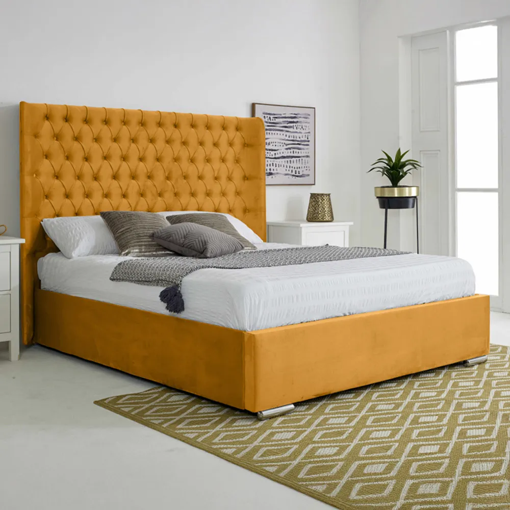 Woodlake Super King Size Bed Frame with Chesterfield Headboard - Yellow, Velvet