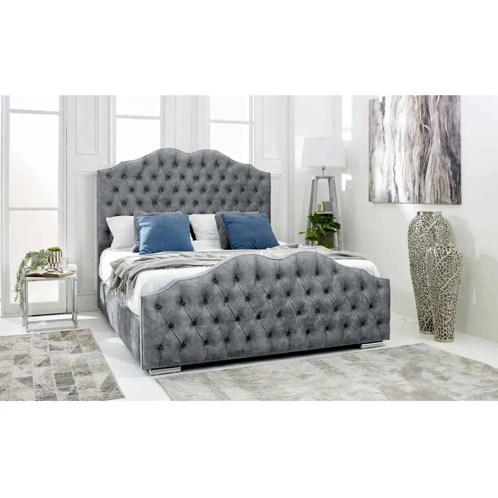 Kenwood Single Bed Frame with Waved Headboard - Blue, Fabric