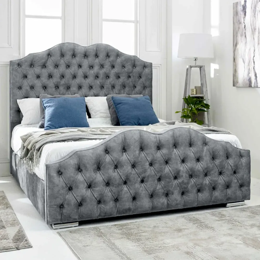 Kenwood Small Double Bed Frame with Waved Headboard - Blue, Fabric