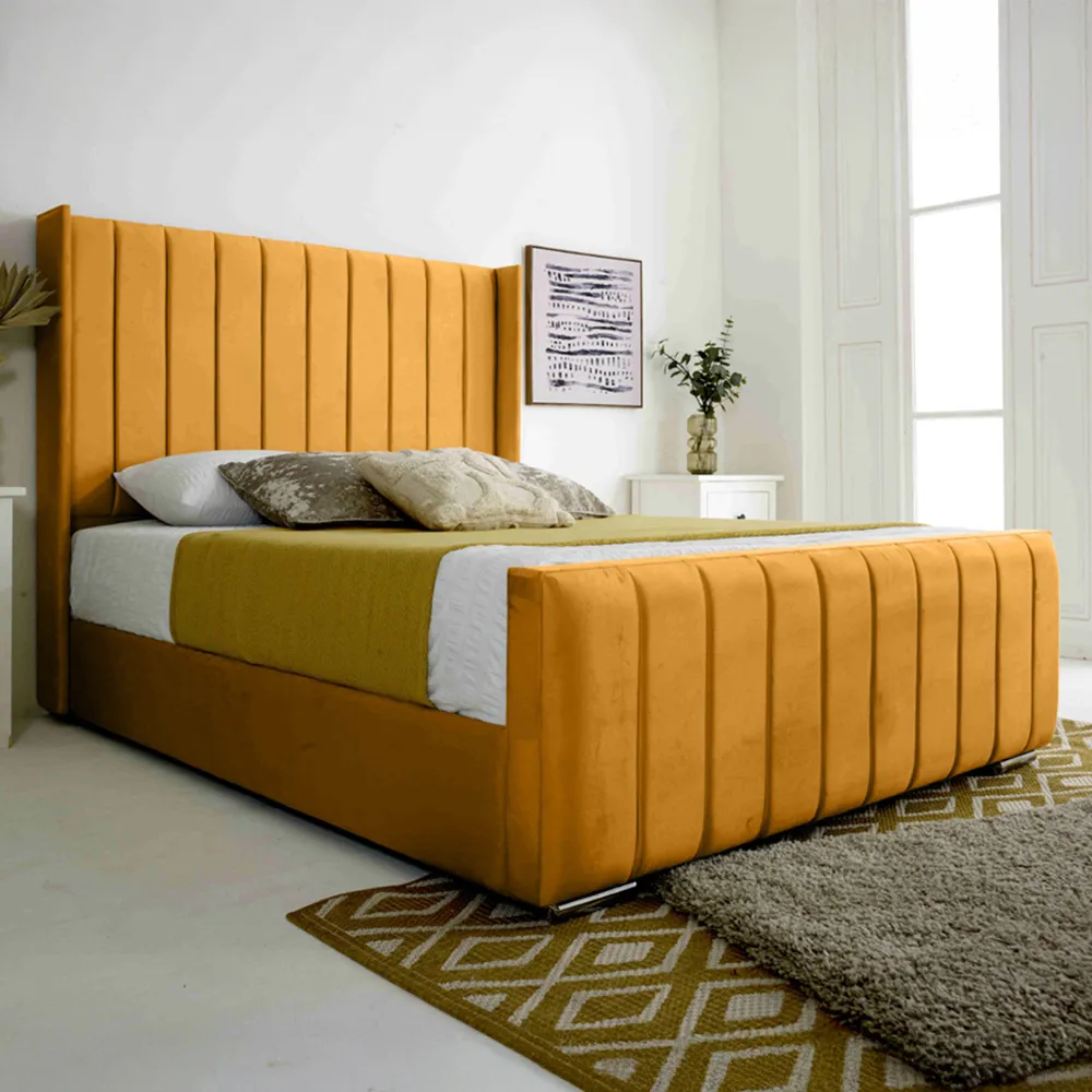 Majestique Double Bed Frame - Mustard, Velvet