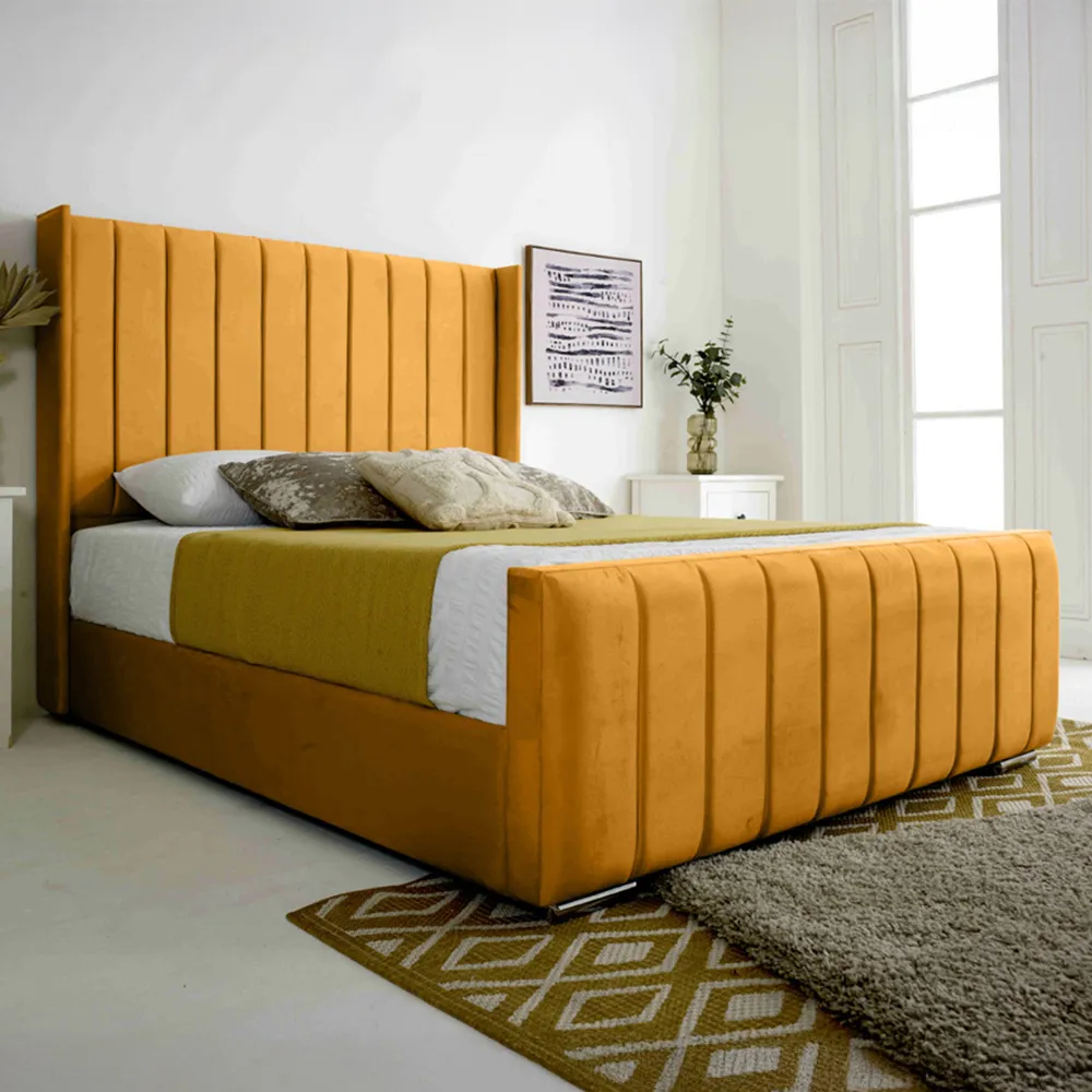 Majestique King Size Bed Frame - Mustard, Velvet