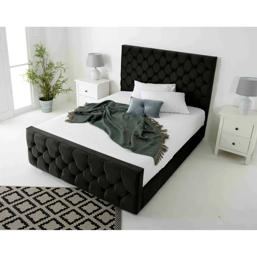 Maya Double Bed Frame with Chesterfield Headboard - Black, Velvet