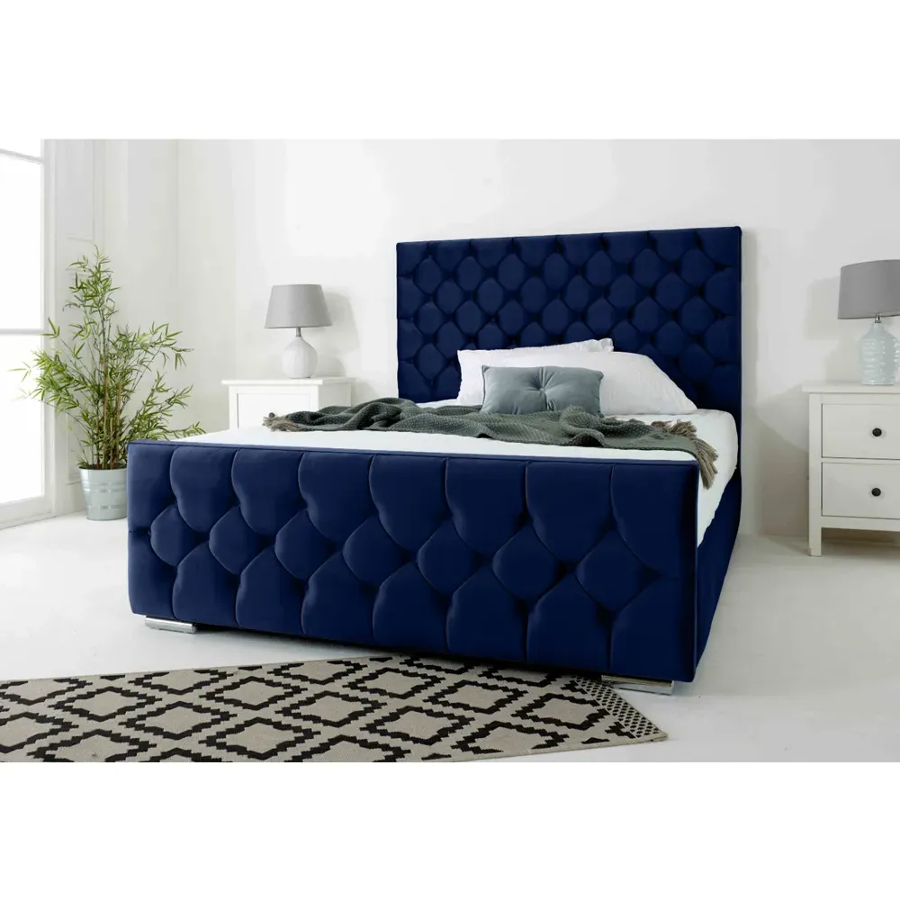 Maya Double Bed Frame with Chesterfield Headboard - Blue, Velvet