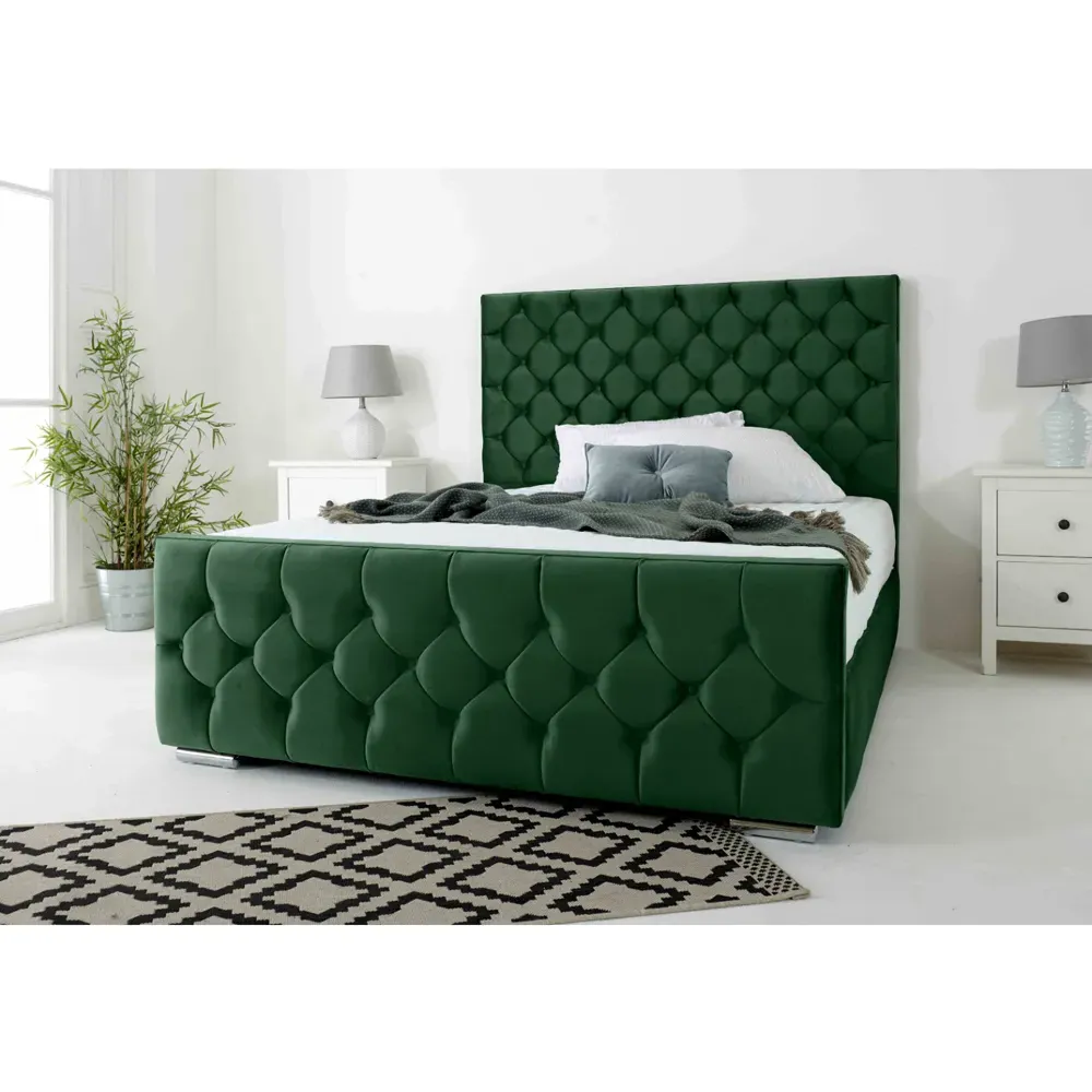 Maya Double Bed Frame with Chesterfield Headboard - Green, Velvet