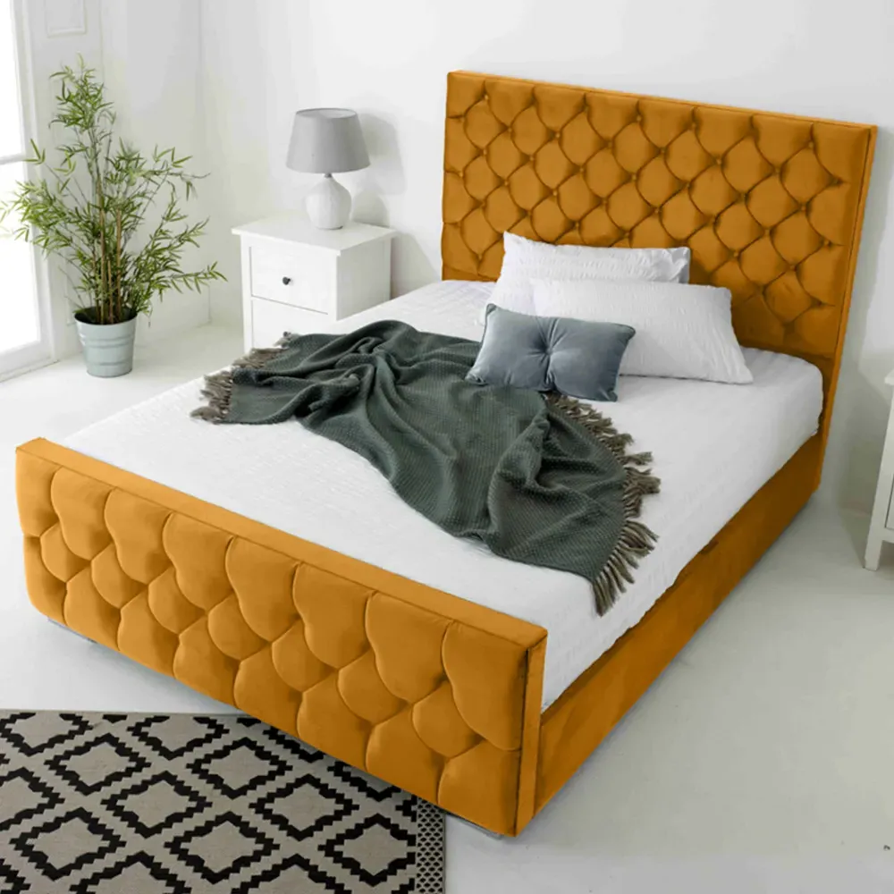 Maya Double Bed Frame with Chesterfield Headboard - Orange, Velvet