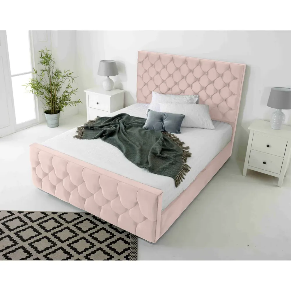 Maya Double Bed Frame with Chesterfield Headboard - Pink, Velvet