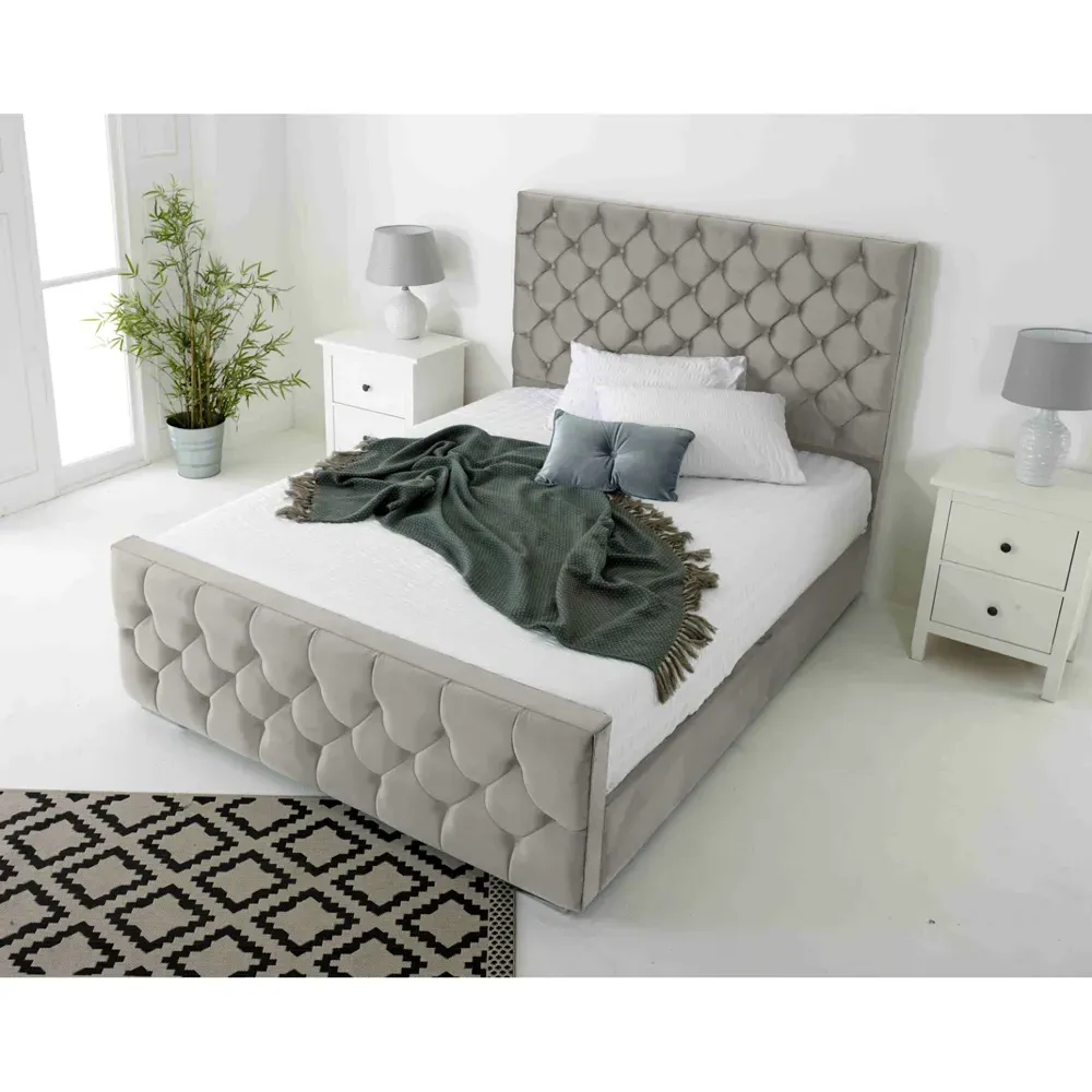 Maya Double Bed Frame with Chesterfield Headboard - Silver, Velvet