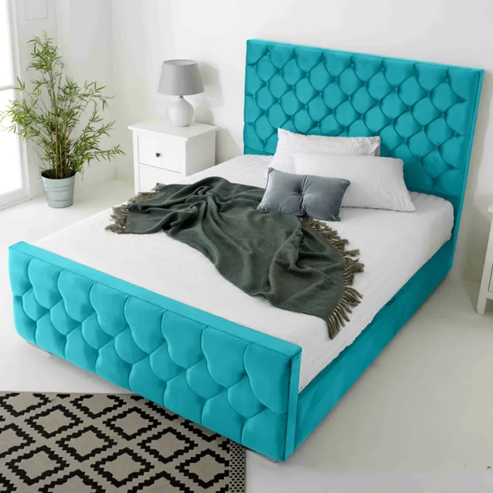 Maya Double Bed Frame with Chesterfield Headboard - Teal, Velvet