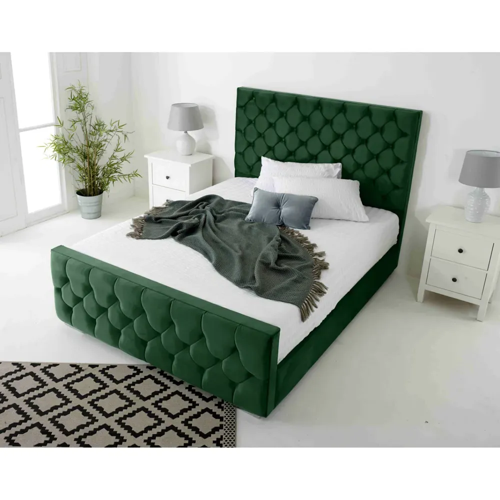 Maya King Size Bed Frame with Chesterfield Headboard - Green, Velvet