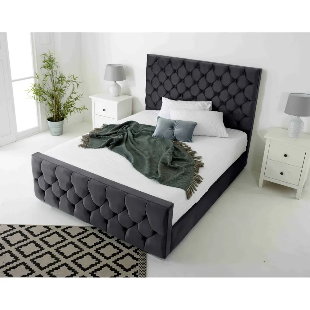 Maya King Size Bed Frame with Chesterfield Headboard - Grey, Velvet