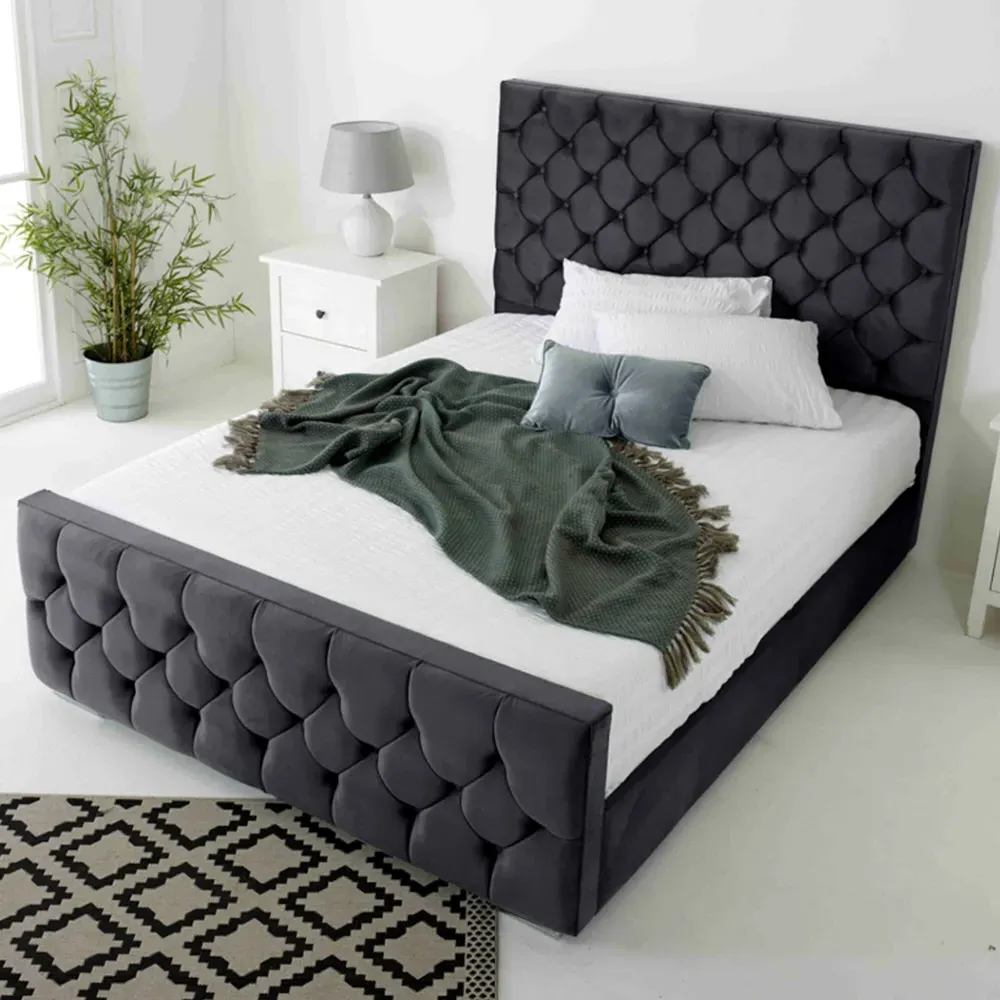 Maya King Size Bed Frame with Chesterfield Headboard - Grey, Velvet